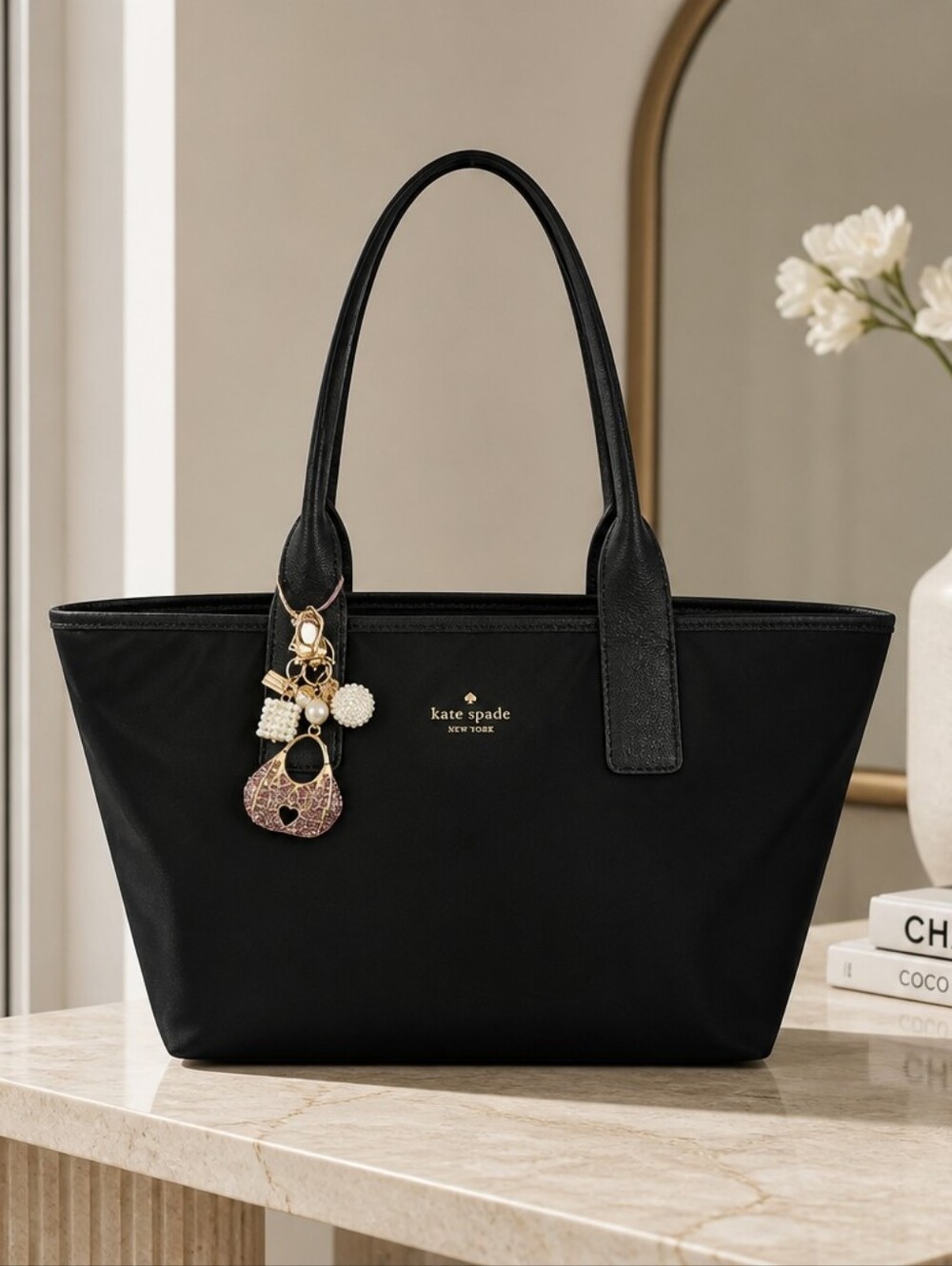 kate spade Black Nylon/ Leather Tote Bag With Added Charm EUC